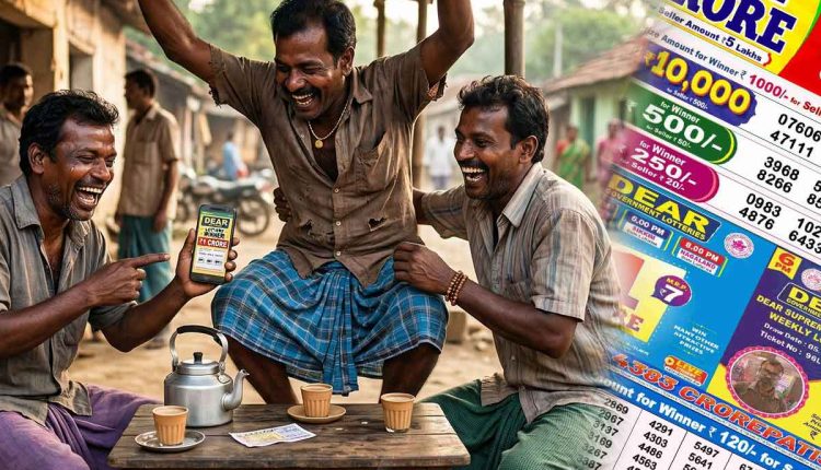 Three poor Indian men reacting with excitement after checking the lottery result লটারি সংবাদ রেজাল্ট on a mobile phone in a village tea stall